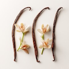 Elegant Vanilla Beans And Orchids On White Background