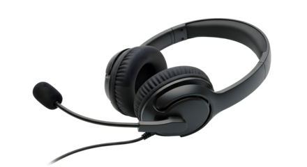 Black stereo headphones with microphone isolated on transparent background