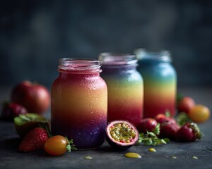 Rainbow Fruit Smoothies In Glass Jars