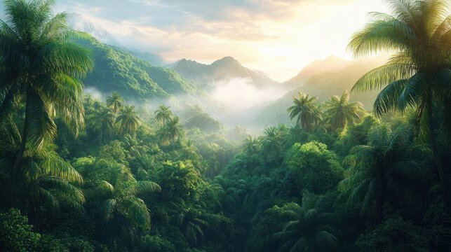 Lush tropical rainforest with dense green foliage and tall palm trees under a bright sunrise sky with misty mountains in the background