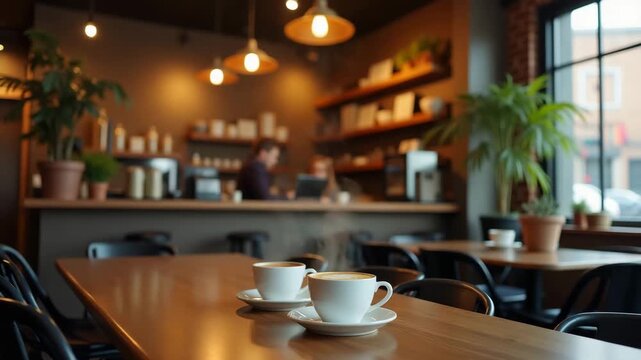 A cozy coffee shop setting representing small business owners missions, with relaxed compositional elements that provide negative space for promotional content.
