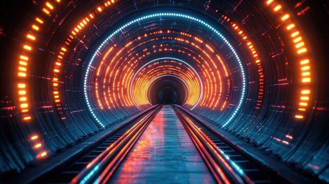 Futuristic illuminated tunnel with glowing orange and blue circular lights surrounding parallel railway tracks creating a sense of depth and motion
