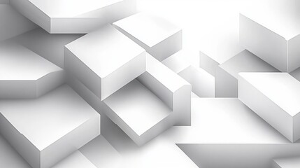 Abstract white geometric three-dimensional blocks overlapping in a minimalist composition with soft shadows and gradients, creating a futuristic and clean atmosphere