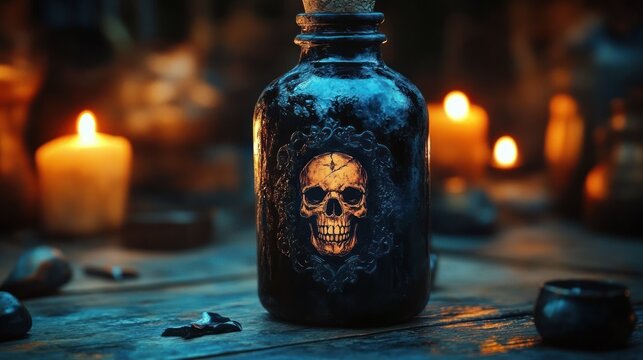 Dark glass bottle with an engraved skull design surrounded by lit candles on a wooden surface evoking a mysterious and eerie atmosphere
