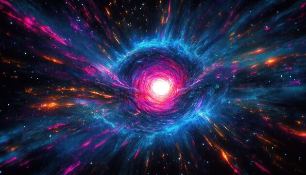 Bright swirling cosmic vortex with vibrant blue, pink, and orange nebulae radiating light and energy in deep space, evoking mystery and awe - Powered by Adobe