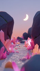 Pink Crystal Pathway Under Crescent Moon