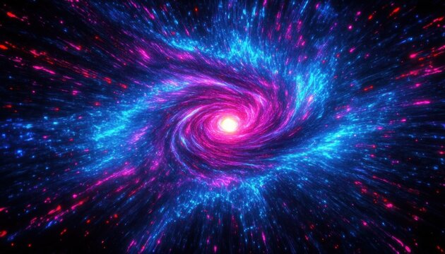 Bright glowing spiral galaxy with vibrant blue and pink swirling arms radiating from a luminous white core against a dark cosmic background - Powered by Adobe