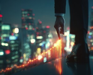 Businessman Manipulating Growing Graph At Night In City