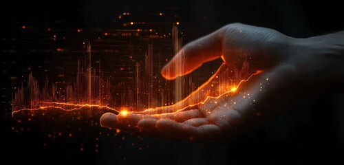 Hand holding glowing orange digital graph lines and data points with futuristic light effects on dark background