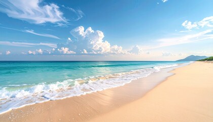 Obraz premium Vast Sandy Beach With Gentle Waves Breaking On Shore Under A Bright Blue Sky With Scattered Clouds And Distant Green Hills