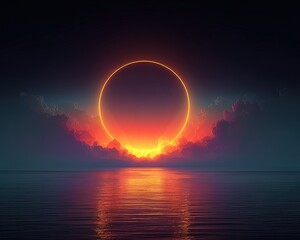 Glowing Ring Over Water Sunset Clouds
