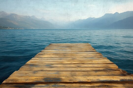 wooden dock leading into calm blue lake with distant mountain range under clear sky during daylight