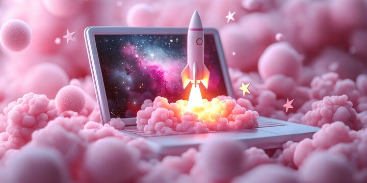 Small rocket launching from a laptop keyboard surrounded by pink fluffy clouds and stars with a galaxy visible on the laptop screen, evoking creativity and innovation - Powered by Adobe