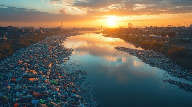 Sunset over a heavily polluted river filled with plastic and other waste with urban buildings on both sides, highlighting environmental degradation and pollution