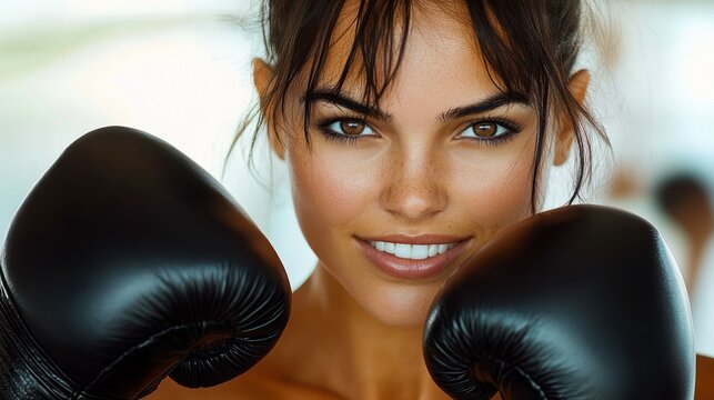 Close-up of a confident young woman with dark hair wearing black boxing gloves ready to spar with focused eyes and a slight smile