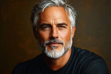 Obraz premium Close-up portrait of a confident mature man with silver hair and beard wearing a black shirt against a dark brown background