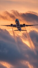 Airplane In Flight At Sunset