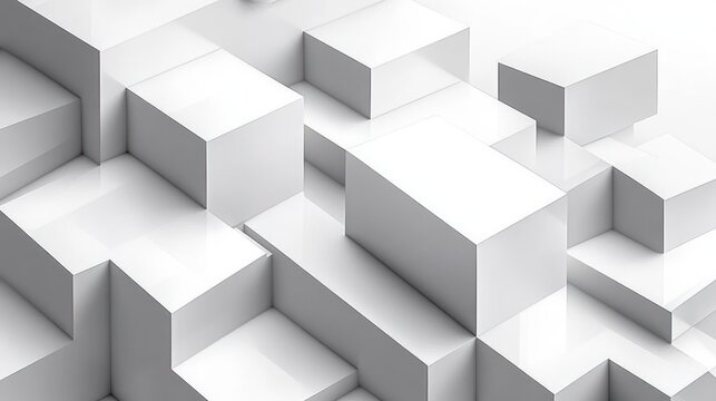 Abstract array of three-dimensional white geometric cubes and rectangular blocks with soft shadows creating a modern minimalist architectural pattern