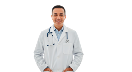 Smiling middleaged doctor wearing a white coat and stethoscope isolated on transparent background