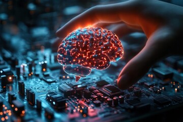 Glowing digital brain hovering above a circuit board with a hand reaching towards it symbolizing artificial intelligence and technology integration