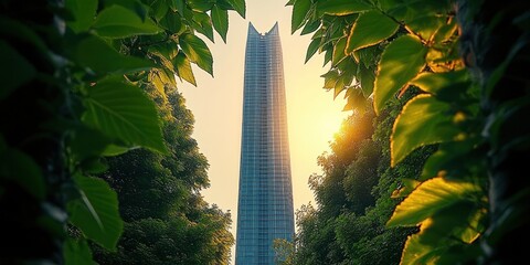 Tall modern glass skyscraper framed by lush green trees with sunlight glowing in the background during sunset