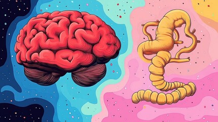 Colorful surreal illustration of a stylized red brain and an abstract yellow worm-like structure on a vibrant blue and pink gradient background creating a dynamic and imaginative atmosphere