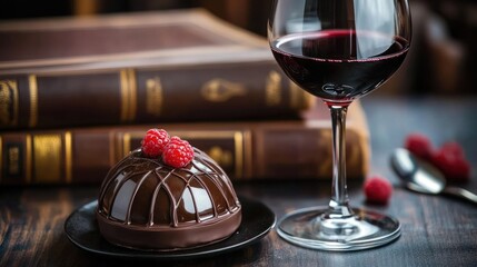 Elegant dessert scene with glossy dome-shaped chocolate cake topped with fresh raspberries beside a glass of red wine and old leather-bound books in background