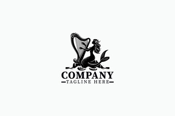 Mermaid Harp Musician Logo Vector – Elegant Black and White Silhouette of Fantasy Mermaid Playing Harp on Rock, Magical Ocean Music Illustration for Branding, Tattoo, Fantasy Art, and Underwater Desig
