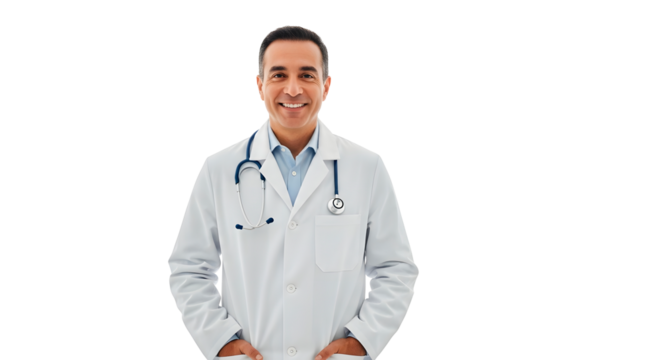 Smiling middleaged doctor wearing a white coat and stethoscope isolated on transparent background
