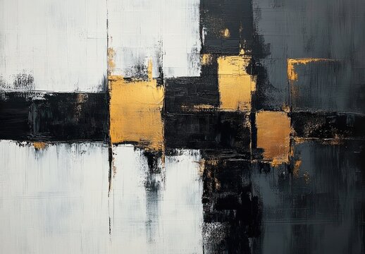 Abstract textured painting with black, white, gray, and gold rectangular shapes creating a bold, modern geometric composition - Powered by Adobe
