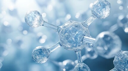 Close-up view of a transparent molecular structure with spherical atoms connected by cylindrical bonds on a light blue blurred background
