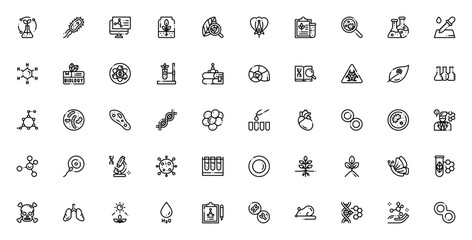 Biology icon set. Linear vector illustrations. Inclues symbols for bacteria, vrus, DNA, cells, microscop, research, science, molecle, and more. Editable strke.