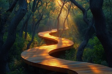 Sunlit winding wooden boardwalk through a dense forest with tall trees and lush greenery creating a serene and magical atmosphere