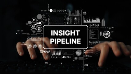 Hands Typing on Keyboard with Data Visualization Elements and Insight Pipeline Text in a Modern Digital Environment. Asymptotic smart data analytic.