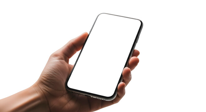 Hand holding a smartphone with a blank screen isolated on transparent background