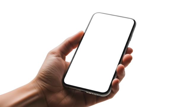 Hand holding a smartphone with a blank screen isolated on transparent background