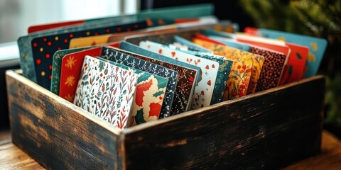 Wooden box filled with assorted colorful patterned envelopes featuring floral, heart, and abstract designs arranged neatly indoors