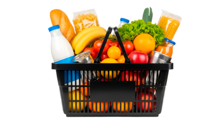 Grocery shopping basket full of fresh food isolated on transparent background