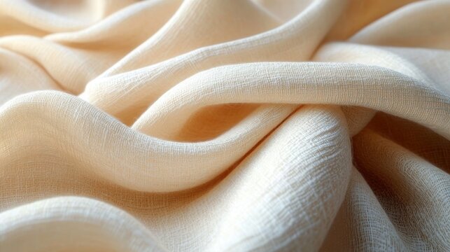 Close-up of soft cream-colored fabric with visible textured weave, gently draped with smooth flowing folds creating a calm and delicate feel