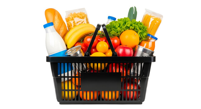 Grocery shopping basket full of fresh food isolated on transparent background