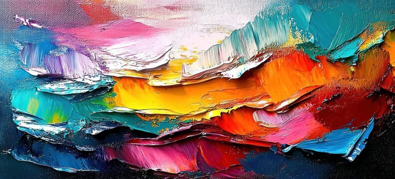Vibrant and textured abstract painting with thick brushstrokes displaying dynamic layers of bright colors including yellow, orange, pink, red, blue, teal, purple, and white in energetic flow
