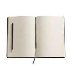 Open notebook with pencil isolated on transparent background