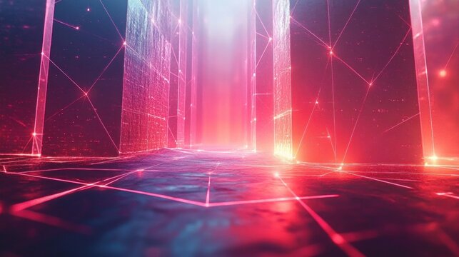 Futuristic glowing corridor with translucent pillars and interconnected neon pink light lines creating a vibrant digital atmosphere