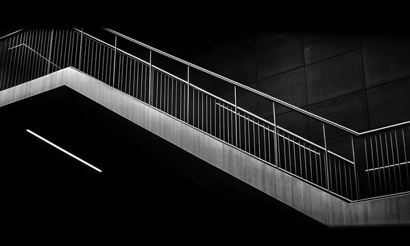 Minimalist black and white photo of a sharp angular staircase with metal railings illuminated against a dark background, evoking a sense of mystery and modernity