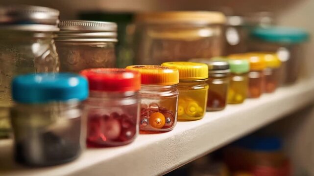 Close medium shot of a pantry shelf with gel bait dots placed discreetly to tackle cockroach problems among food containers.