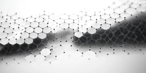 Abstract 3D geometric network of connected nodes and hexagonal shapes forming an undulating mesh in monochrome tones