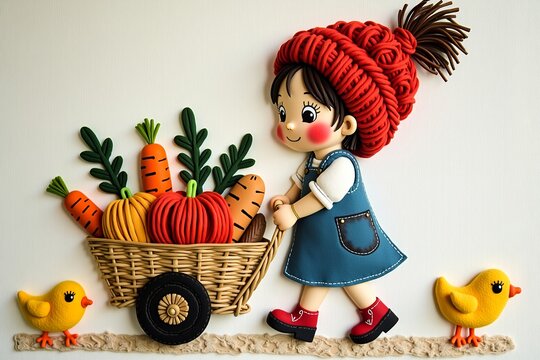 A cheerful child in a red knit hat pushes a wicker cart filled with fresh vegetablescarrots, pumpkins, and breadthrough a sunny garden dotted with colorful flowers and two yellow ducklings. Bright, pl