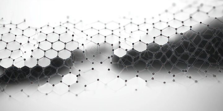 Abstract 3D geometric network of connected nodes and hexagonal shapes forming an undulating mesh in monochrome tones - Powered by Adobe