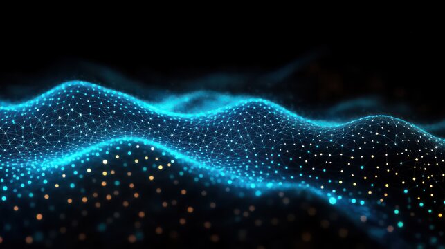 Abstract blue digital wave grid with glowing nodes and lines on a dark background creating a futuristic technology or data visualization effect