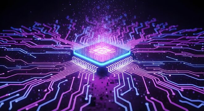 Abstract glowing microchip with intricate circuits and data streams